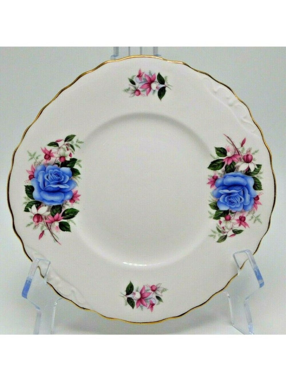 Royal Vale Bone China Cake Plate Blue Roses Gold Trim 9.5" England